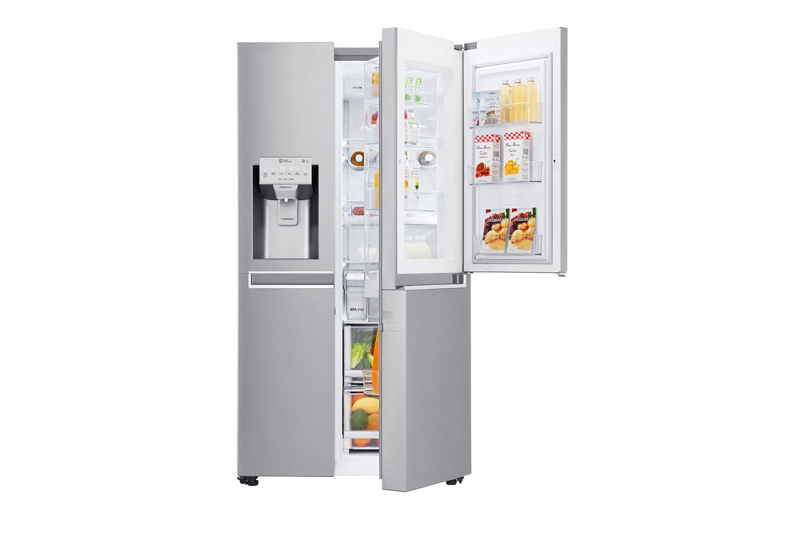 LG Door-in-Door™ | F (v rozsahu A až G) | Hrubý objem 668 l | 376 kWh/rok | LG Lineární invertorový kompresor | LG Total No Frost | Multi-Air Flow™ | Vnější LED displej | Nápojový automat | Pure N Fresh™, GSJ961NEBZ