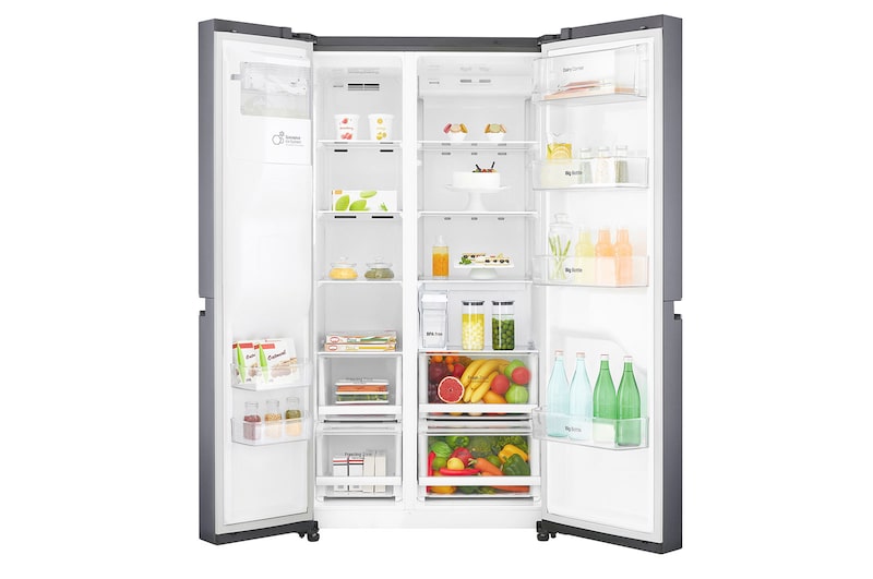LG Americká chladnička LG | F | Hrubý objem 668 l | 431 kWh/rok | Lineární invertorový kompresor | Total No Frost | Multi-Air Flow™ | Vnější LED displej | Nápojový automat | ThinQ™ + WiFi, GSL471ICEZ