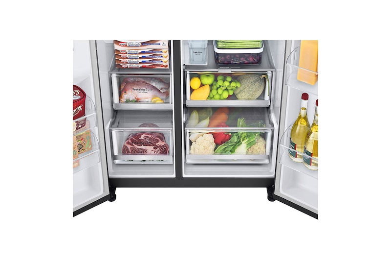 LG E (v rozsahu A až G) | Hrubý objem 674 l | 350 kWh/rok | LG Lineární kompresor | Multi Air Flow | Door Cooling | Deodorizer | LG ThinQ+WiFi | Fresh Balancer | AI Smart Learner, GSLV71MCLE