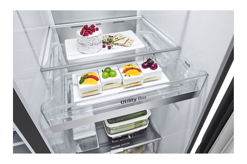 LG Americká chladnička | D (v rozsahu A až G) | Hrubý objem 674 l | 280 kWh/rok | LG Lineární kompresor | Multi Air Flow | Fresh Balancer | Door Cooling | LG ThinQ+WiFi | Smart Learner | UVnano, GSLV91MCAD