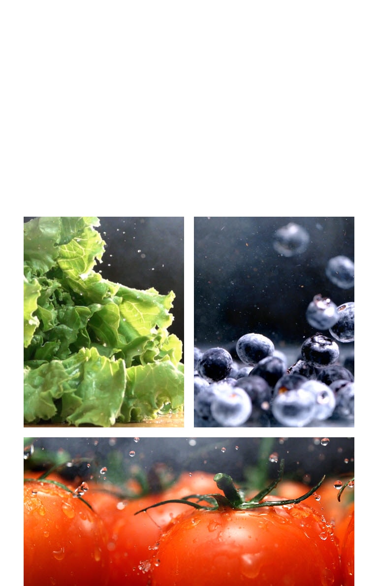 Detailní video vody odkapávající z jasně zeleného salátu. Vedle je přiblížené video vody dopadající na čerstvá červená rajčata a také video pohybujících se zářivě modrých borůvek.