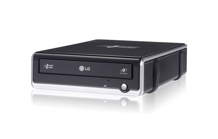 Čelní pohled na Externí multiformátová DVD vypalovačka LG s funkcí SecurDisc. Připojení přes USB2 rozhraní. Pro popis médií poslouží technologie LightScribe GE20NU10