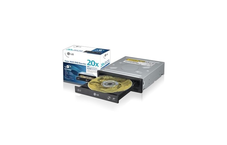 Čelní pohled na Interní DVD mechanika LG podporující zápis i čtení všech běžných CD a DVD formátů. Připojení přes SATA rozhraní. Mechanika je vybavena funkcí SecurDisc a technologií LightScribe, pro popis médií. GH20LS15