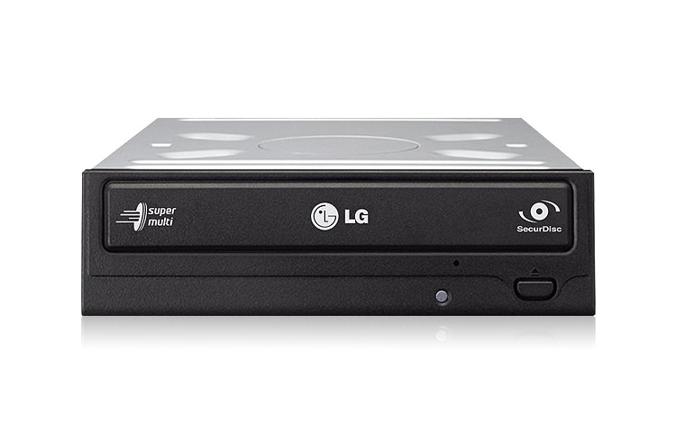 Čelní pohled na LG DVD vypalovačka se SATA rozhraním a funkcí SecurDisc. Vypalovačka je kompatibilní se všemy běžnými druhy CD a DVD - SATA rozhraní GH20NS10