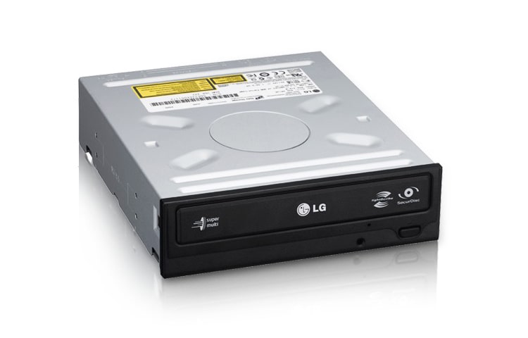 Čelní pohled na Interní DVD mechanika LG podporující zápis DVD &#43;R/-R až 22-ti násobnou rychlostí. Připojení přes SATA rozhraní. Mechanika je vybavena funkcí SecurDisc a technologií LightScribe, pro popis médií. GH22LS30