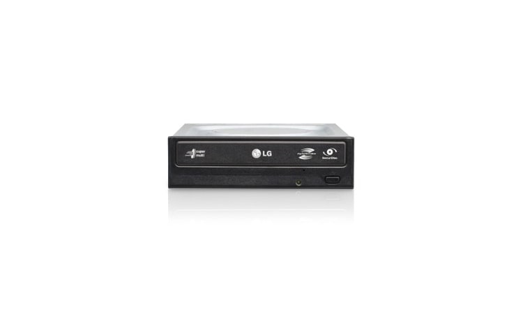 Čelní pohled na LG Interní DVD mechanika podporující zápis DVD &#43;R/-R až 22-ti násobnou rychlostí. Připojení přes E-IDE/ATAPI (PATA) rozhraní. Mechanika je vybavena funkcí SecurDisc. GH22NP20