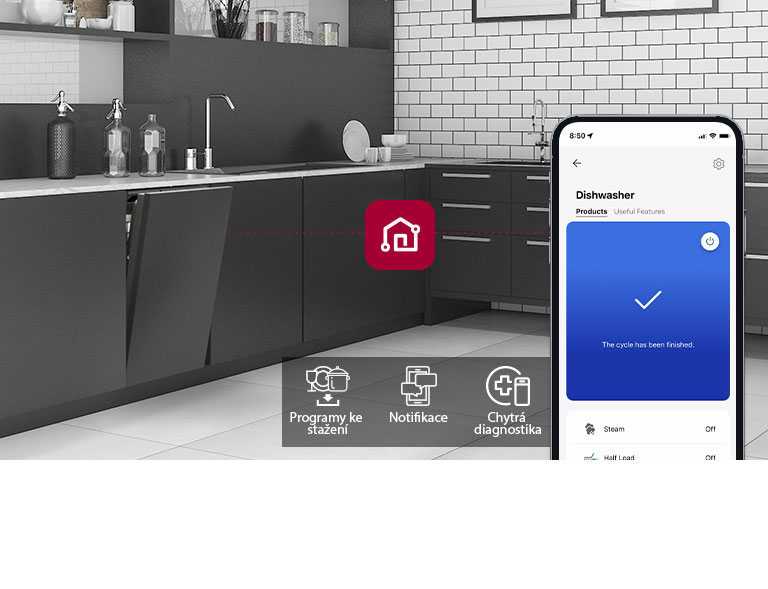 Smartphone zobrazuje LG ThinQ™ v kuchyni spolu se třemi funkcemi aplikace: Cykly stahování, Oznámení a Chytrá diagnostika.