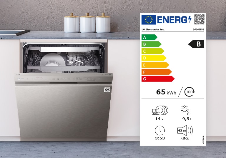 Myčka nádobí s částečně otevřenými dvířky a energetickým štítkem třídy B.