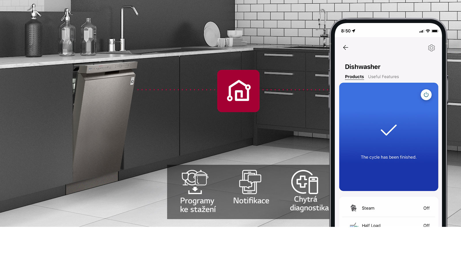 Smartphone zobrazuje LG ThinQ™ v kuchyni spolu se třemi funkcemi aplikace: Cykly stahování, Oznámení a Chytrá diagnostika.