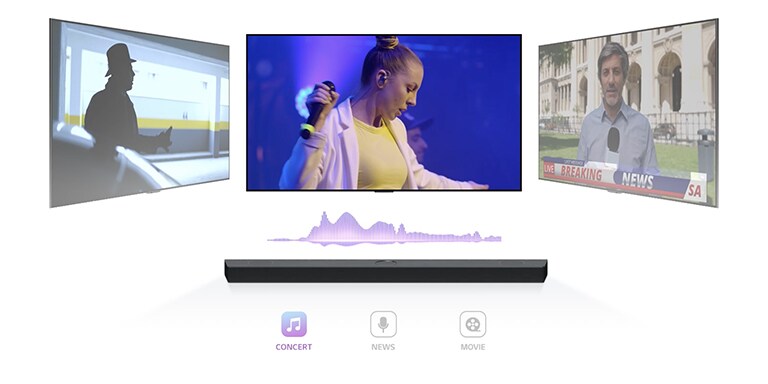 Televizor ukazuje koncert, kanál se přepne na zprávy a mluví moderátor. Pak se kanál opět přepne na filmovou scénu. LG Sound Bar je umístěn přímo pod televizorem v nekonečném prostoru. (přehrajte video)
