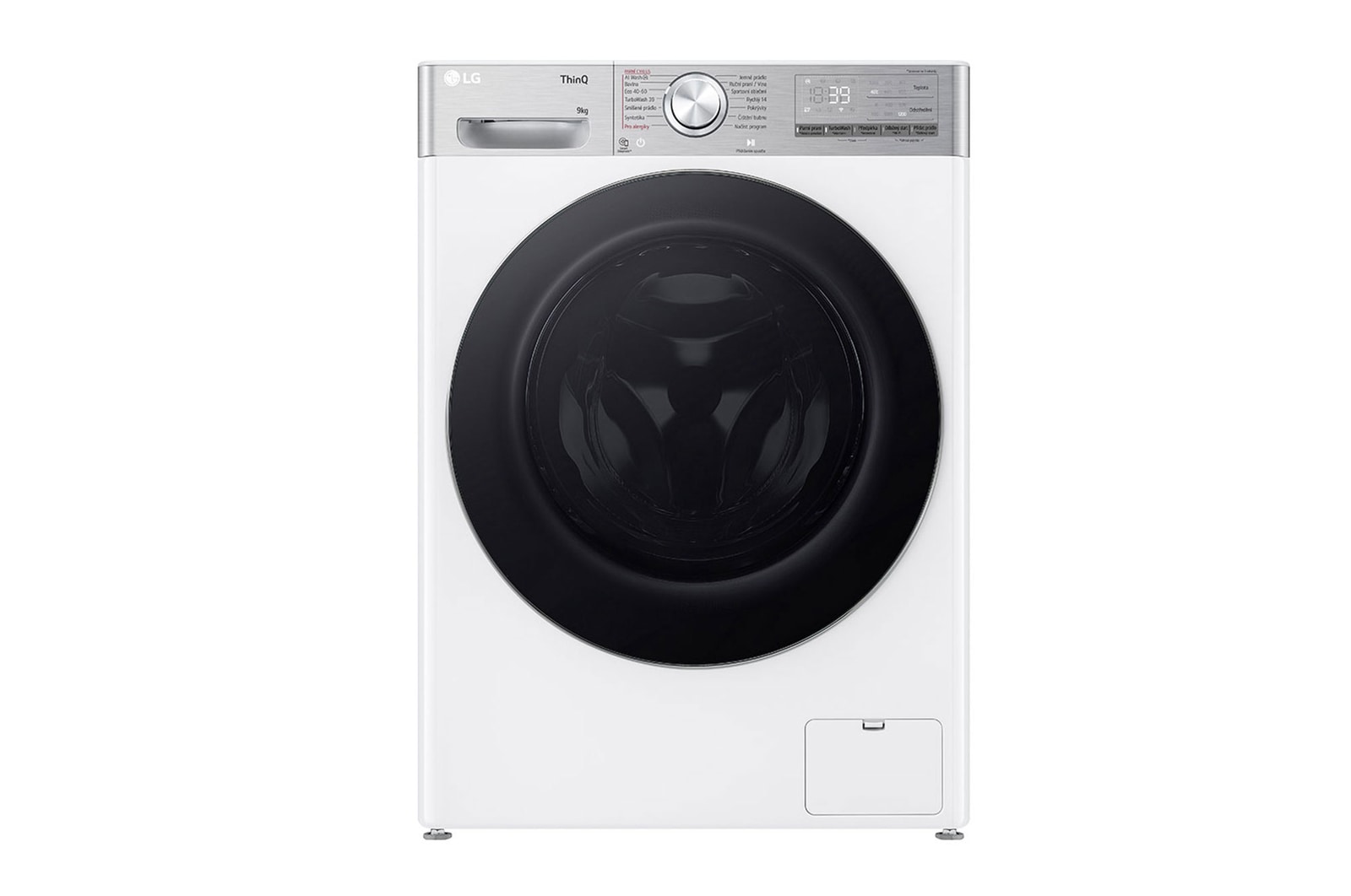 Čelní pohled na Slim parní pračka LG | 9 kg | A | 1200 ot./min | Direct Drive™ | AI DD™ |Bílá FLR9A92WC
