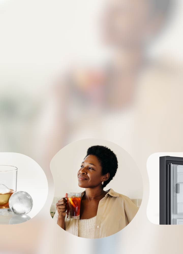 Lednice LG, craft ice, žena si vychutnávající nápoj a Slim SpacePlus™ vestavěný výrobník ledu v sekvenci
