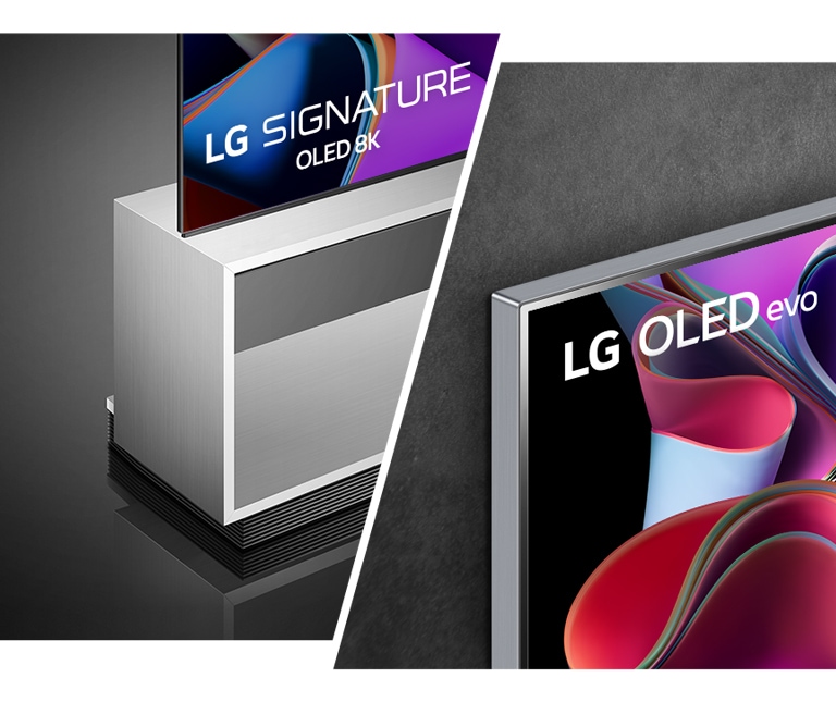 Vlevo na obrázku je vyobrazen boční pohled na televizor LG OLED Z3 postavený na televizním stolku. Vpravo na obrázku je televizor LG OLED G3 namontovaný na stěně.