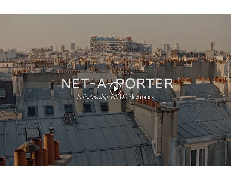 Název videa „NET-A-PORTER ve spolupráci s LG Electronics“ je zobrazen na pozadí mapy Evropy.