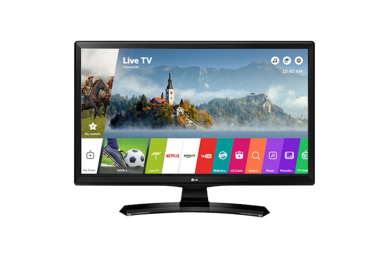 Čelní pohled na 24" | Televizní monitor | 16:9 | HD | WVA Displej | WiFi | webOS 3.5 Smart TV | 5W x 2 Stereo reproduktory | TV tuner DVB-T2/C/S2 24MT49S