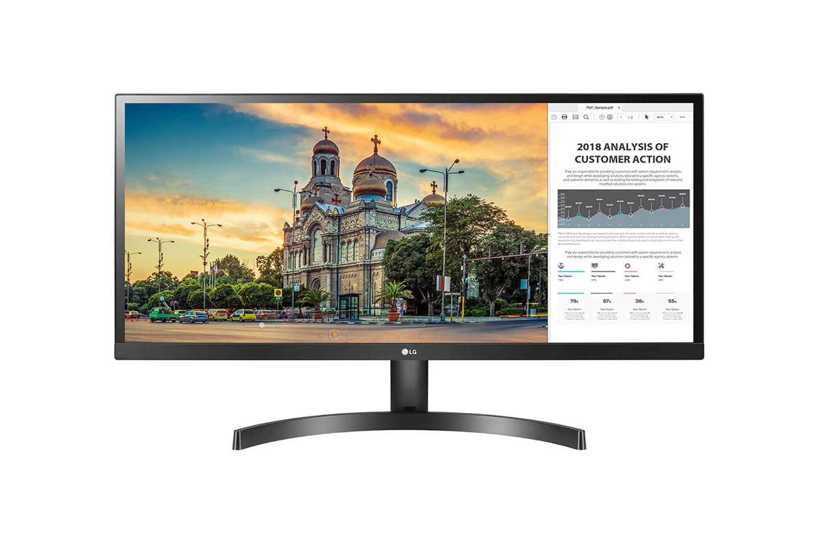 Čelní pohled na 29&#34; | UltraWide™ monitor | 21:9 | FHD | IPS Displej | HDR 10 | AMD FreeSync™ 29WK500-P