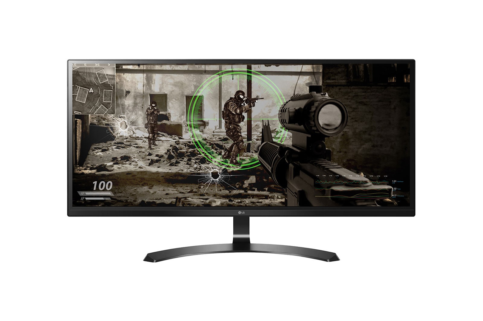 Čelní pohled na 34&#34; | UltraPanoramic herní monitor | s reproduktory |  poměr stran 21:9 | rozlišení 2560 x 1080 | IPS LED Display 34UM59-P