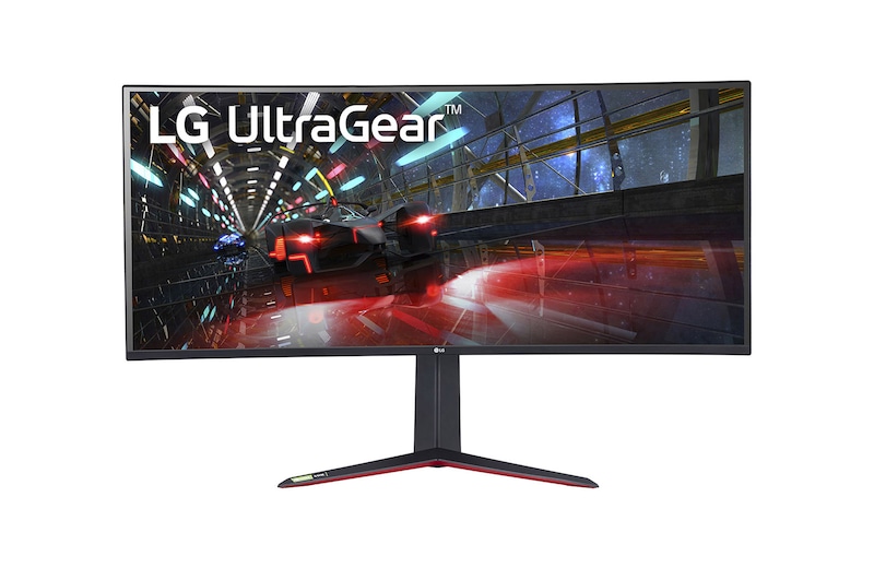 Čelní pohled na 37.5" LG UltraGear herní monitor s IPS displejem. 38GN950-B