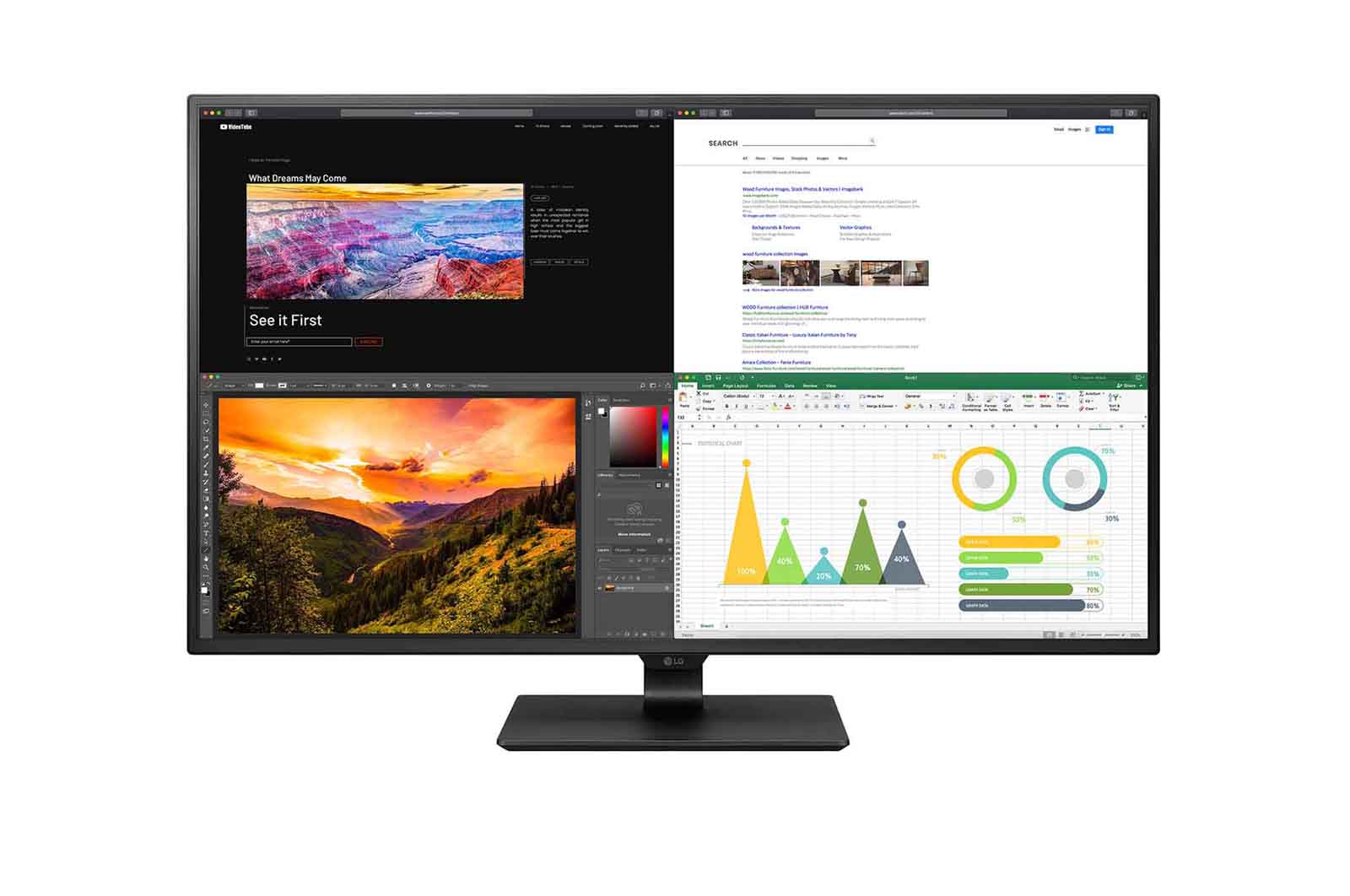 Čelní pohled na 42.5&#34; LG UHD monitor s IPS displejem. 43UN700-B