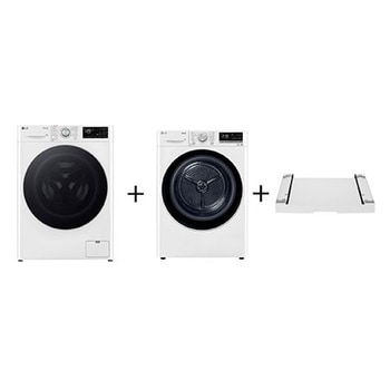 Bílá pračka LG a bílá sušička LG ve sladěném designu vedle sebe.
