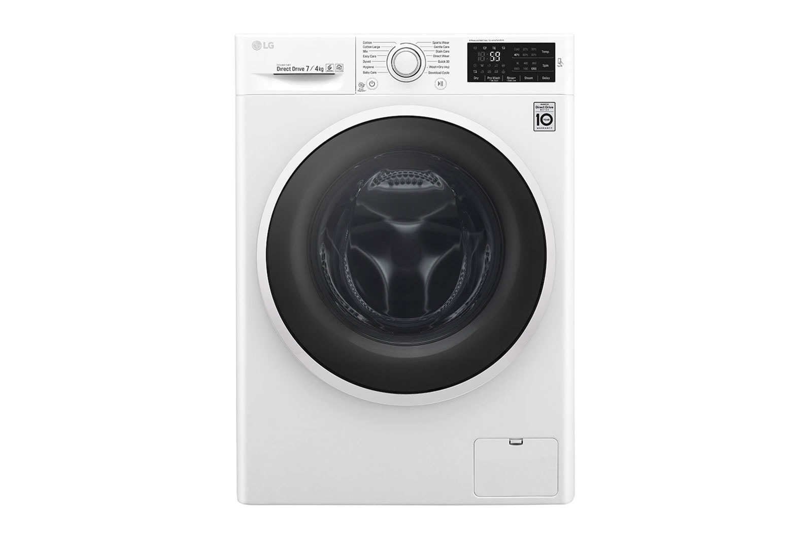 Čelní pohled na 7 kg pračka / 4 kg sušička, 1200 ot./min, B (v rozsahu A až G), 6 Motion DD, Direct Drive™, ThinQ™, Přidat prádlo, 14 programů, 5 možností sušení F2J6HM0W