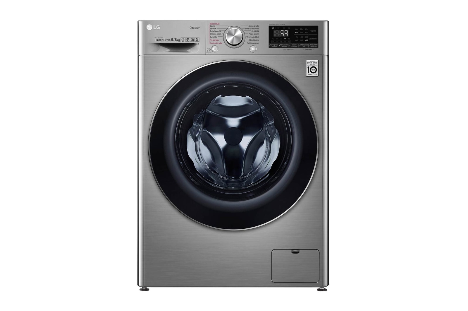 Čelní pohled na 9 kg parní pračka / 6 kg sušička, A (v rozsahu A až G), Direct Drive™ motor, AI DD™ - optimální volba pracích pohybů, TurboWash™, parní péče Steam&#43;™, ThinQ™ &#43; WiFi F4DV709H2T