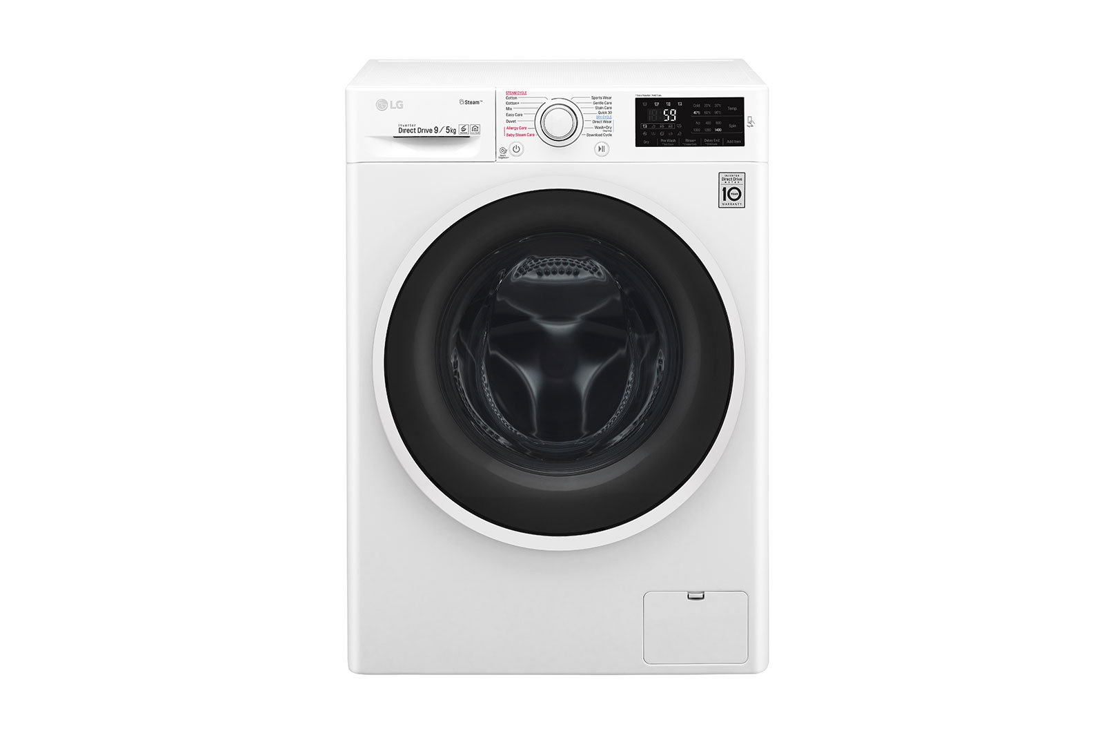 Čelní pohled na 9 kg pračka / 5 kg sušička, 1400 ot./min, A (v rozsahu A až G), 6 Motion DD, Direct Drive™, Steam™ - parní praní, ThinQ™, Přidat prádlo, 14 programů, 5 možností sušení F94J6VG0W