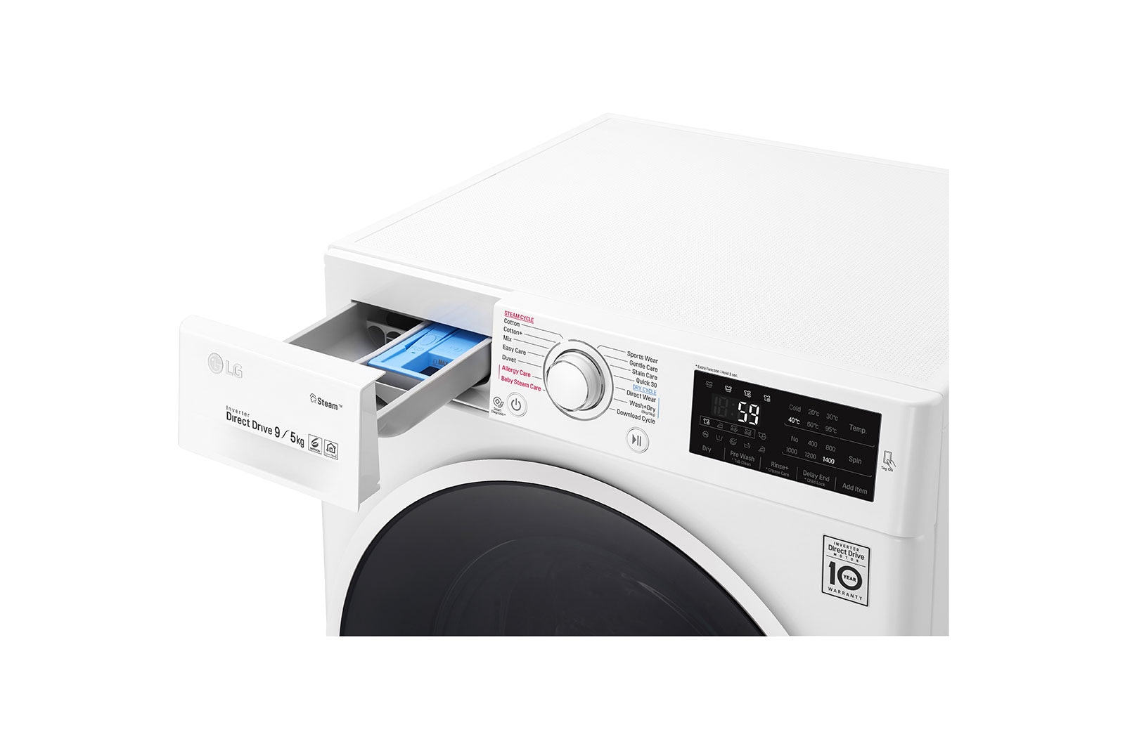 LG 9 kg pračka / 5 kg sušička, 1400 ot./min, A (v rozsahu A až G), 6 Motion DD, Direct Drive™, Steam™ - parní praní, ThinQ™, Přidat prádlo, 14 programů, 5 možností sušení, F94J6VG0W