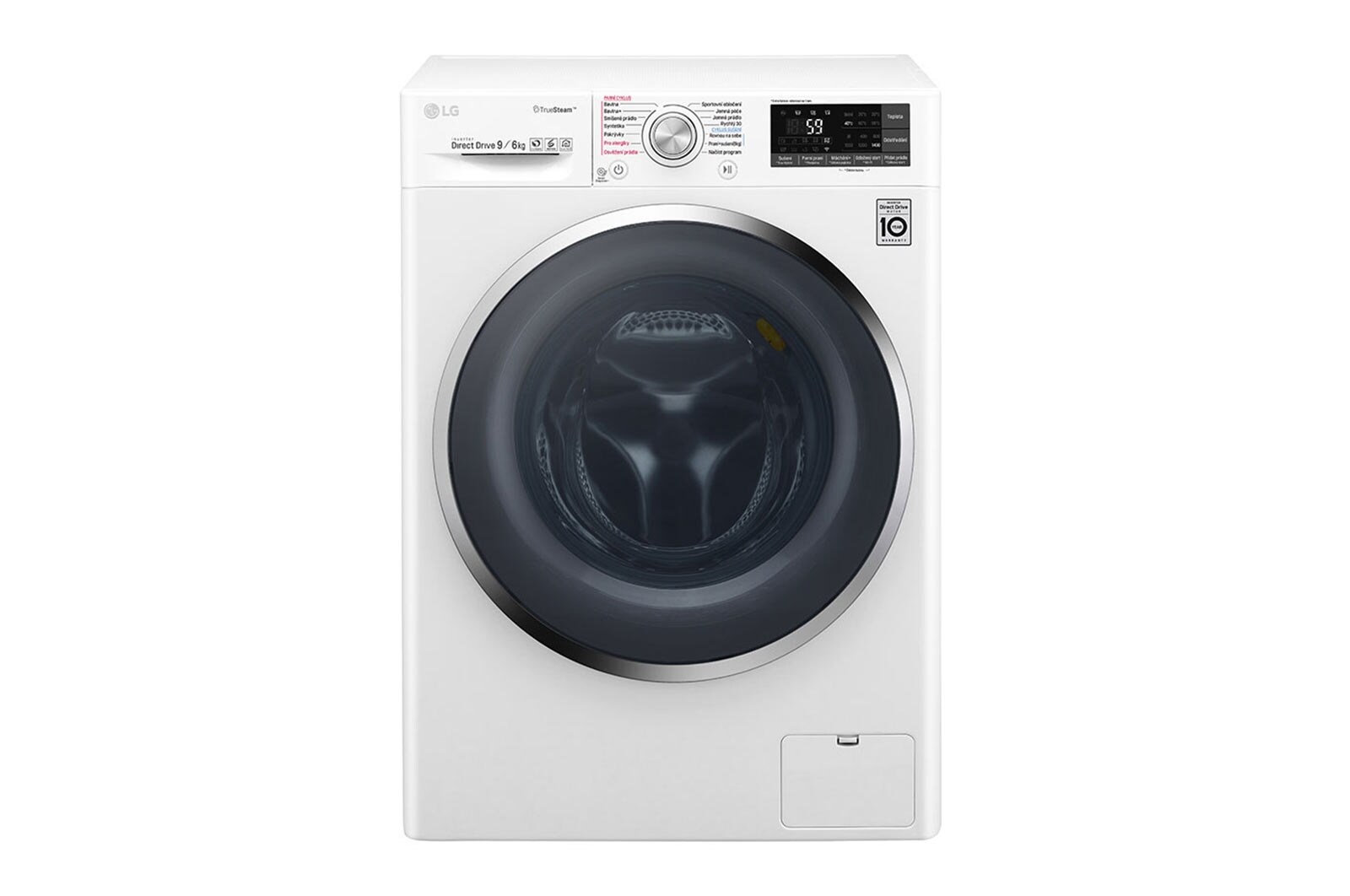 Čelní pohled na 9 kg pračka / 5 kg sušička, 1400 ot./min, A (v rozsahu A až G), 6 Motion DD, Direct Drive™, TrueSteam™ - parní praní, ThinQ™, Přidat prádlo, 14 programů, 8 možností sušení F94J8VH2WD