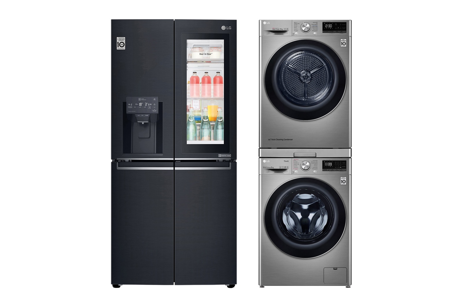 Čelní pohled na BALÍČEK BLACK | Pračka F4WV909P2TE &#43; Sušička RC91V9EV2Q &#43; Výsuvný mezikus &#43; Chladnička GMX844MCKV BLACK1