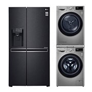 Čelní pohled na BALÍČEK BLACK | Pračka F4WV909P2TE &#43; Sušička RC91V9EV2Q &#43; Výsuvný mezikus &#43; Chladnička GSL761MCZZ BLACK2