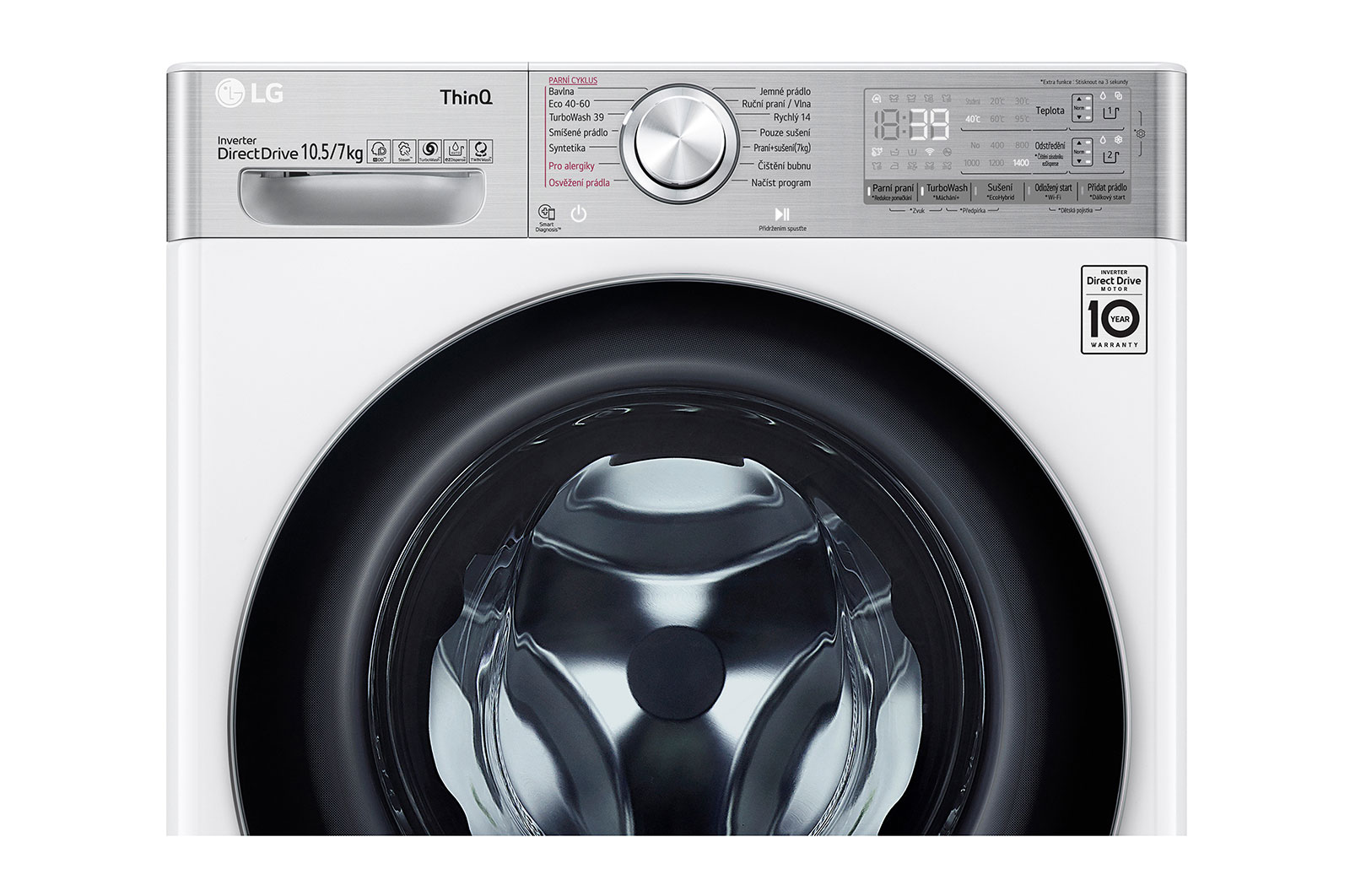 LG 10,5 kg parní pračka / 7 kg sušička, Direct Drive™ motor, AI DD™ - optimální volba pracích pohybů, parní péče Steam™, TurboWash™360°, LG ThinQ + Wifi, F104DV9RD2E