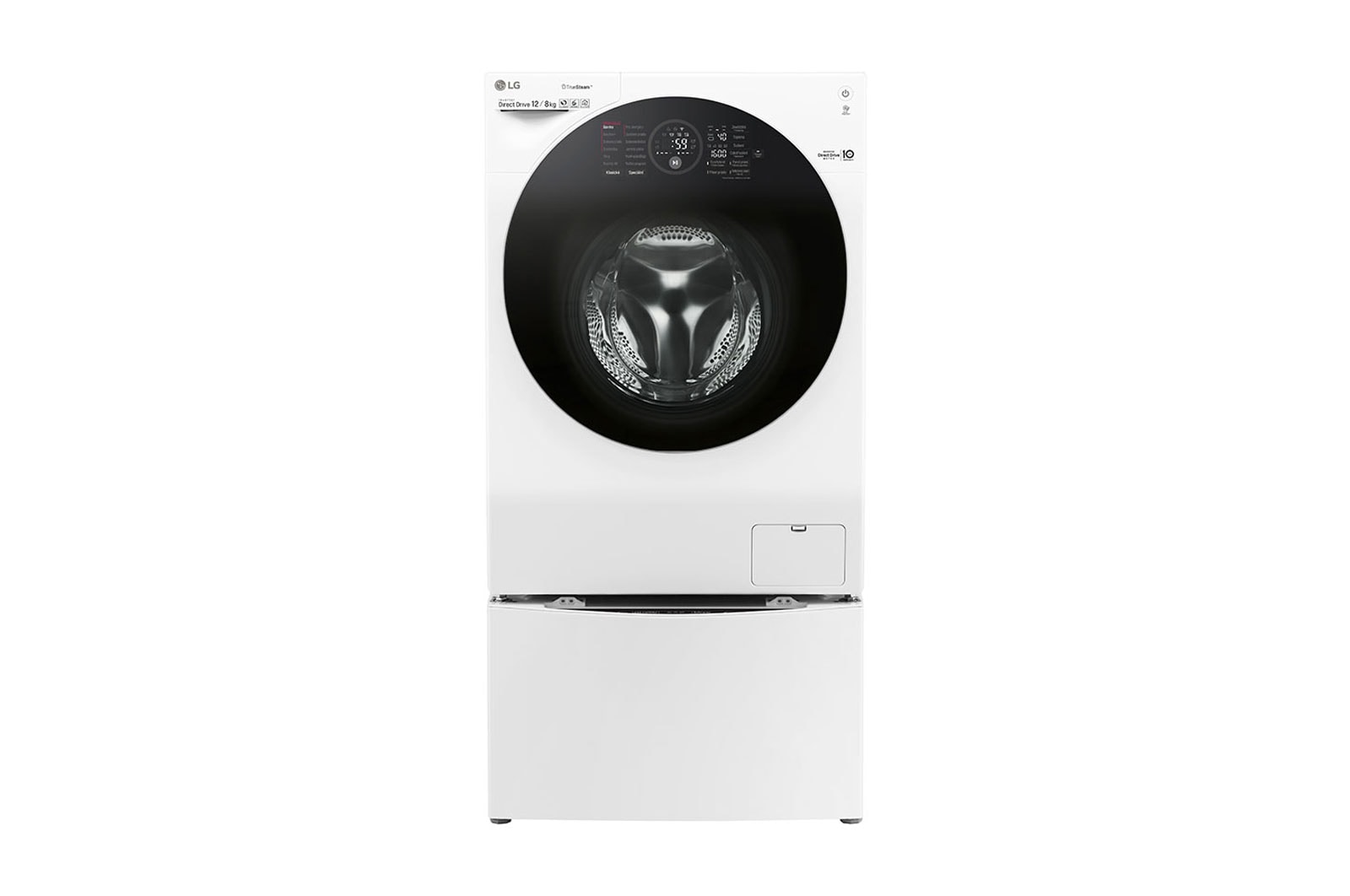 Čelní pohled na 10,5 kg pračka / 7 kg sušička / 2 kg mini pračka, TWINWash™, 1400 ot./min, A (v rozsahu A až G),  6 Motion DD, Direct Drive™, TrueSteam™, EcoHybrid™, ThinQ™ &#43; WiFi připojení, Přidat prádlo, 12 programů, 8 možností sušení F104G1JCH2N
