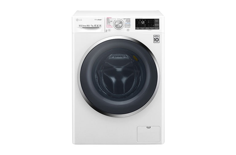 Čelní pohled na 10,5 kg pračka / 7 kg sušička, 1400 ot./min, 6 Motion DD, Direct Drive™, TrueSteam™ - parní praní, ThinQ™, Přidat prádlo, 14 programů, 8 možností sušení F104J8JH2W