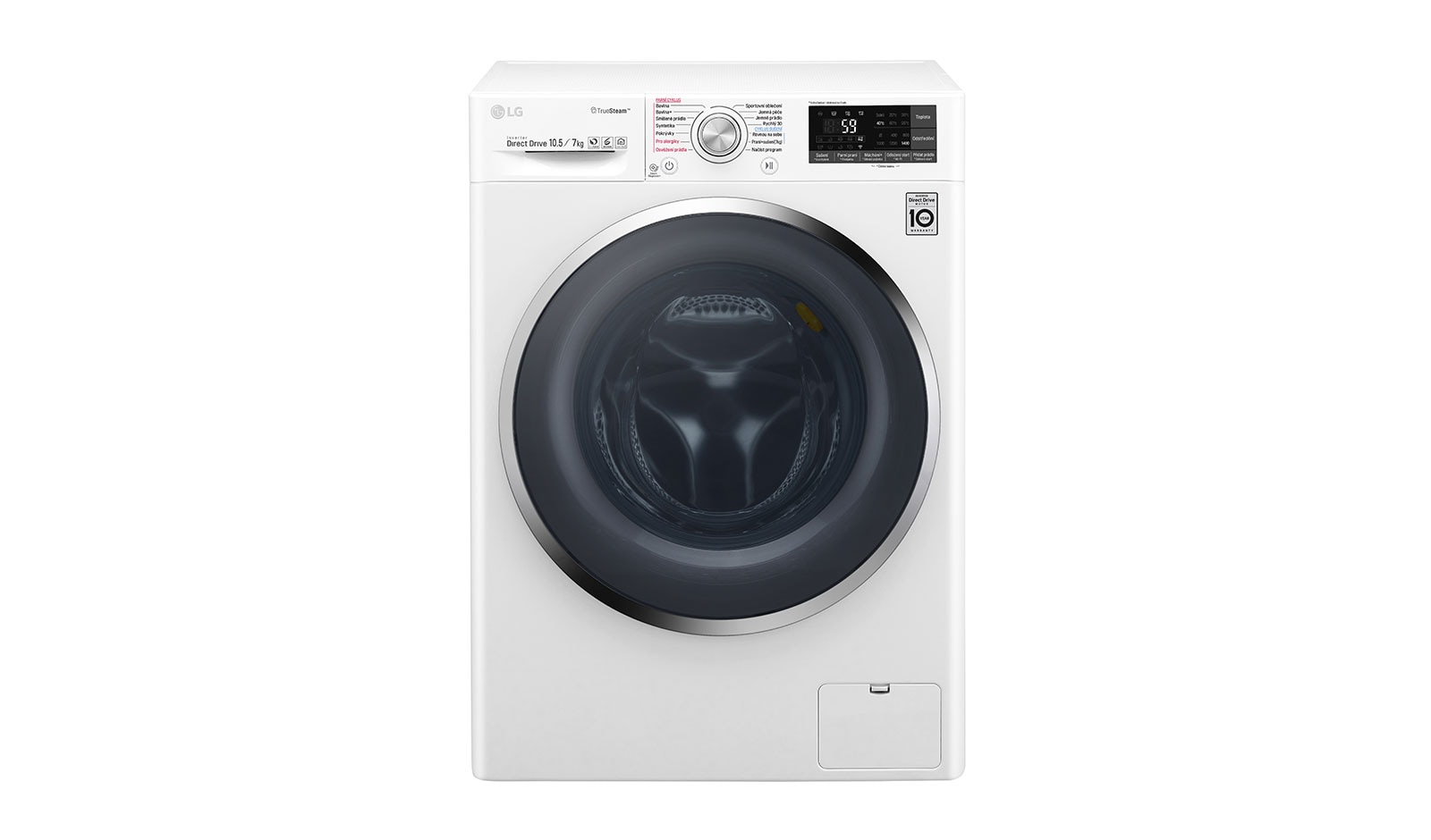 Čelní pohled na 10,5 kg pračka / 7 kg sušička, 1400 ot./min, 6 Motion DD, Direct Drive™, TrueSteam™ - parní praní, ThinQ™, Přidat prádlo, 14 programů, 8 možností sušení F104J8JH2W