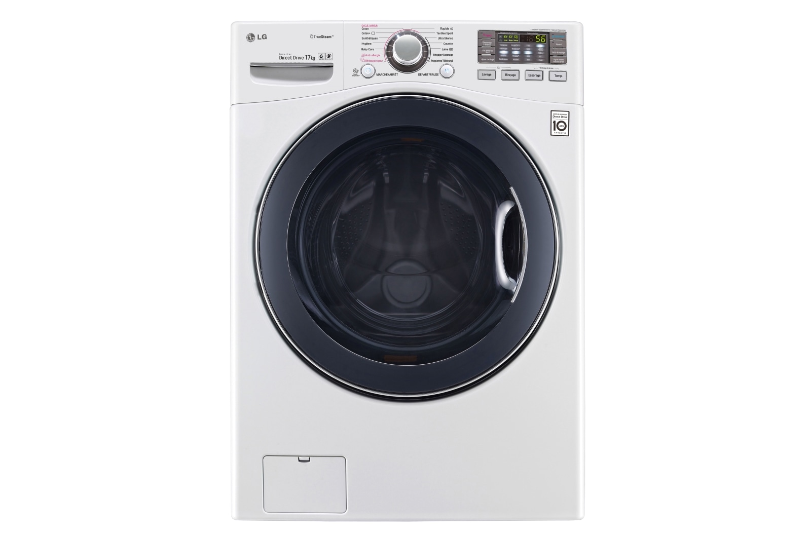 Čelní pohled na 17 kg parní pračka, 1100 ot./min, A&#43;&#43; (v rozsahu A&#43;&#43;&#43; až D), TurboWash™, TrueSteam™ - parní praní, ThinQ™ &#43; WiFi připojení, 14 programů F171K2CS2W