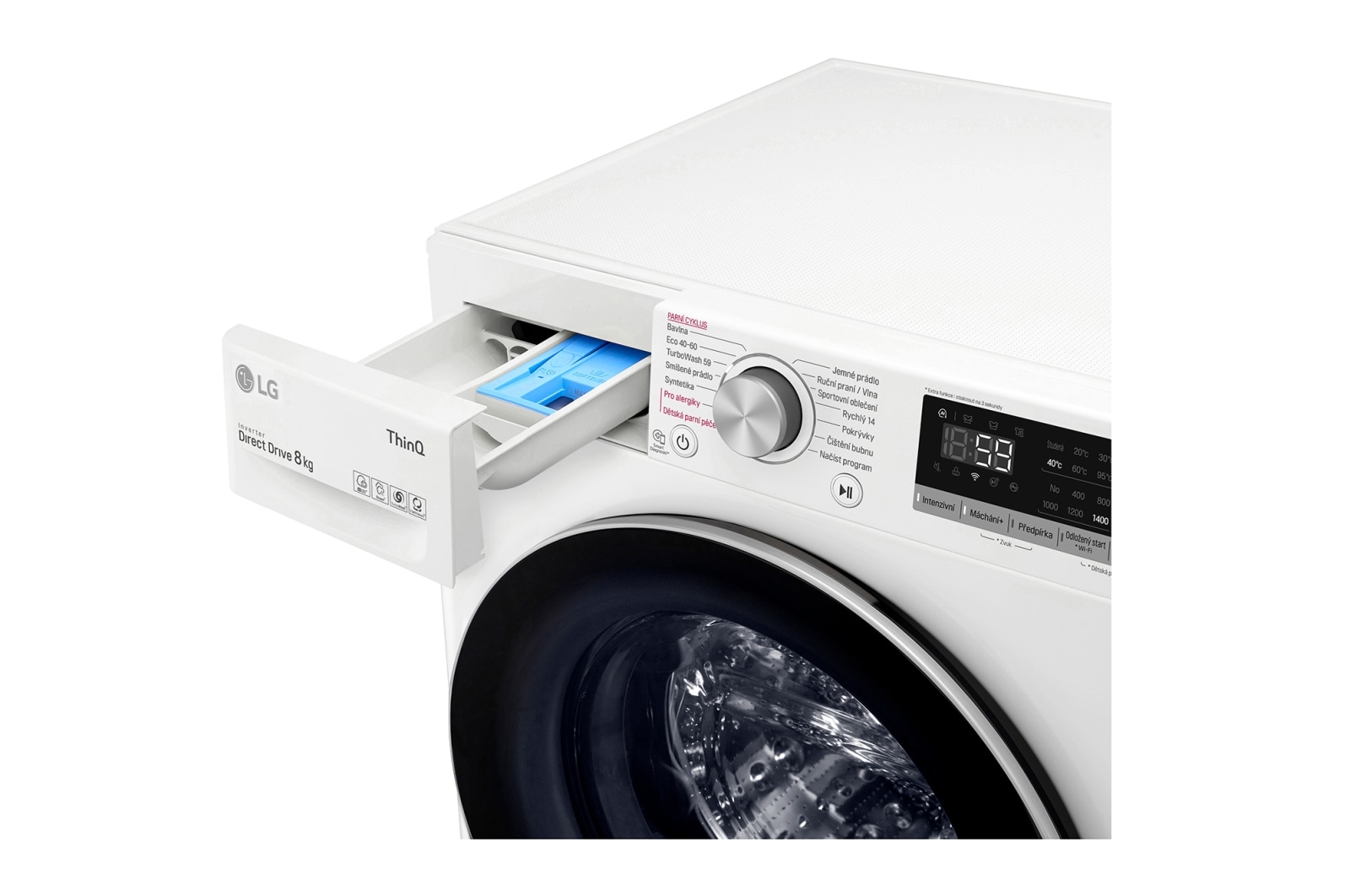 LG 8 kg parní pračka, Direct Drive™ motor, optimální volba pracích pohybů, parní praní Steam™, TurboWash™, ThinQ+WiFi, F48V5TW1W