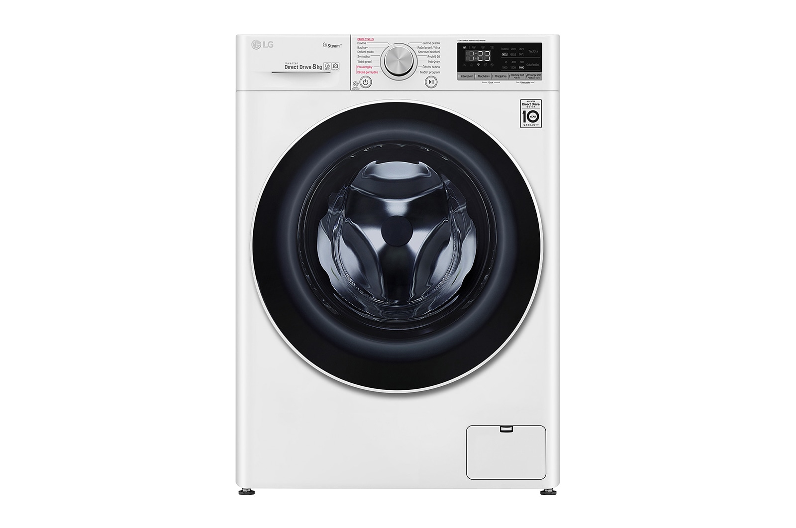 Čelní pohled na 8 kg parní pračka, D, Direct Drive™ motor, AI DD™ - optimální volba pracích pohybů, Steam™ - parní praní, ThinQ™ &#43; WiFi F4WN508S0