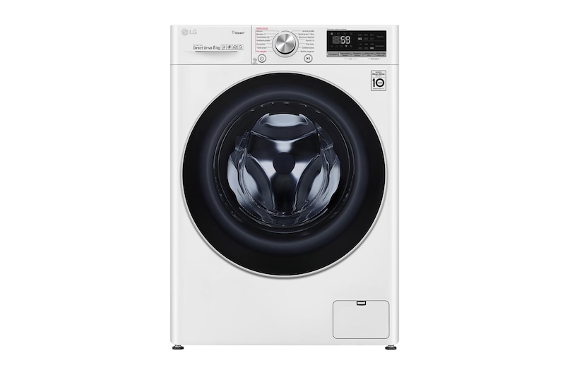 Čelní pohled na 8 kg parní pračka, A+++ (v rozsahu A+++ až D), Direct Drive™ motor, TurboWash™ - praní za 59 minut, AI DD™ - optimální volba pracích pohybů, parní péče Steam+™, ThinQ™+ WiFi F4WV708P1