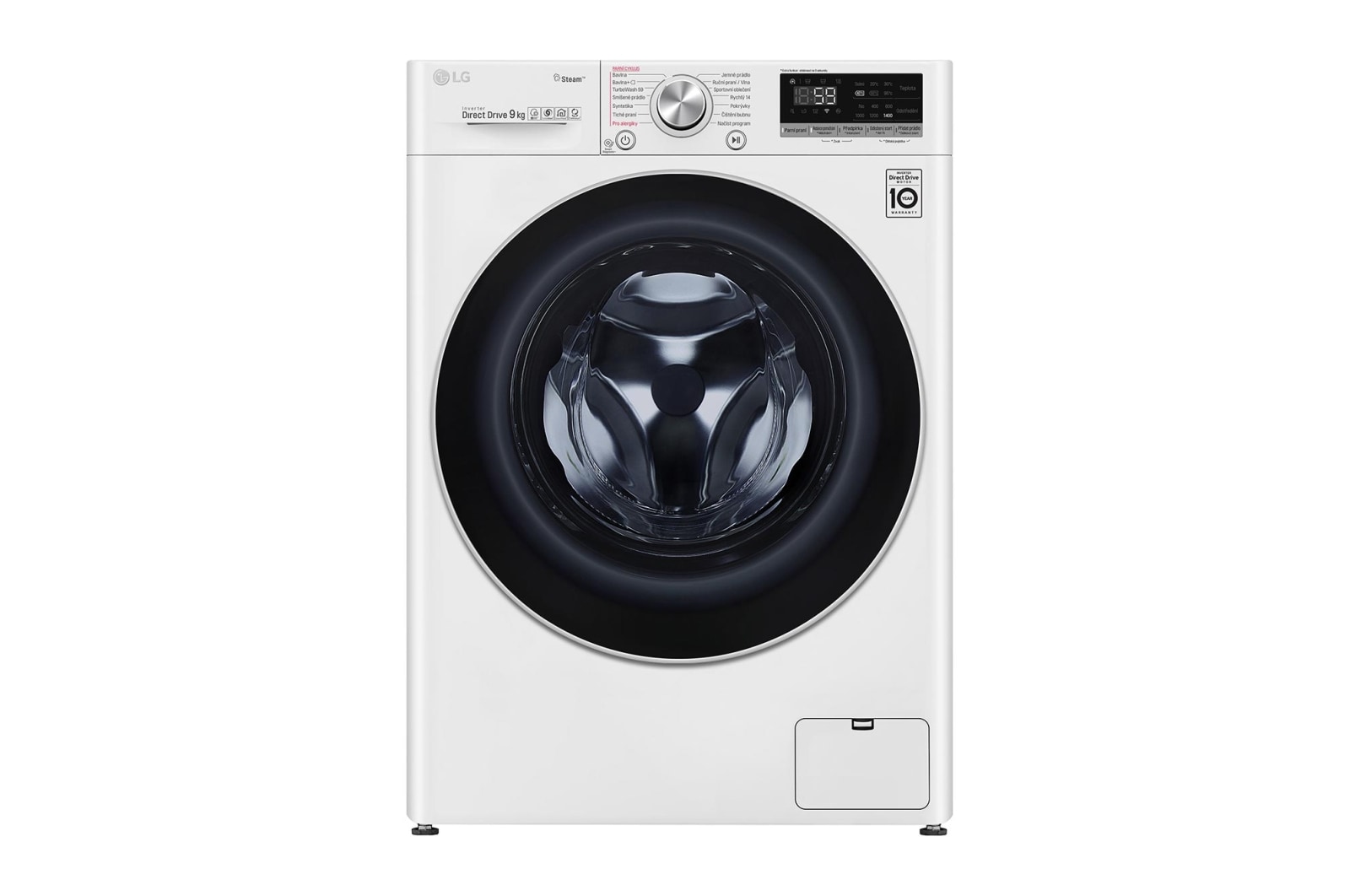 Čelní pohled na 9 kg parní pračka, A+++ (v rozsahu A+++ až D), Direct Drive™ motor, TurboWash™ - praní za 59 minut, AI DD™ - optimální volba pracích pohybů, parní péče Steam+™, ThinQ™ + WiFi F4WV709P1