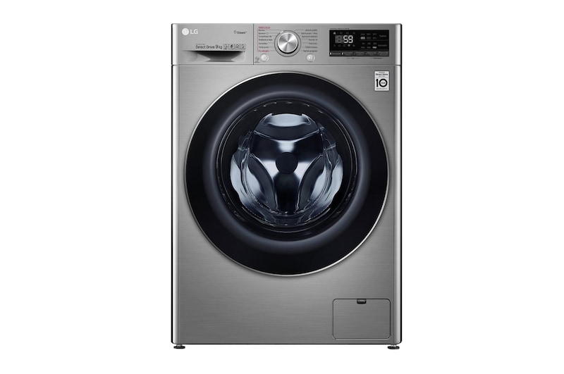 Čelní pohled na 9 kg parní pračka, A (v rozsahu A až G), Direct Drive™ motor, TurboWash™ - praní za 59 minut, AI DD™ - optimální volba pracích pohybů, parní péče Steam+™, ThinQ™ + WiFi F4WV709P2T