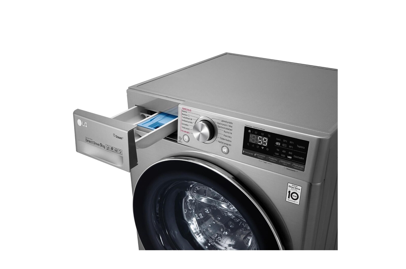 LG 9 kg parní pračka, A (v rozsahu A až G), Direct Drive™ motor, TurboWash™ - praní za 59 minut, AI DD™ - optimální volba pracích pohybů, parní péče Steam+™, ThinQ™ + WiFi, F4WV709P2T