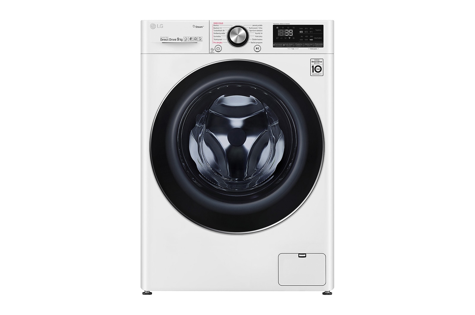 Čelní pohled na 9 kg parní pračka, Direct Drive™ motor, TurboWash™360° - praní za 39 minut,  AI DD™ - optimální volba pracích pohybů, parní péče Steam&#43;™, ThinQ™ &#43; WiFi F4WV909P2