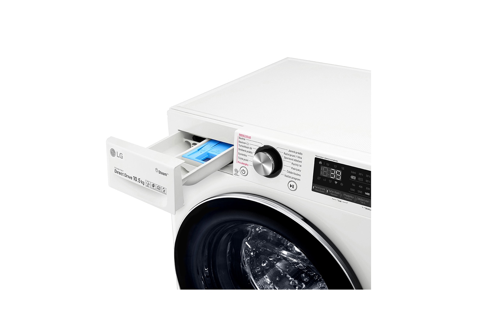 LG 10,5 kg parní pračka, A+++ (v rozsahu A+++ až D), Direct Drive™ motor, TurboWash™360° - praní za 39 minut,  AI DD™ - optimální volba pracích pohybů, parní péče Steam+™, ThinQ™ + WiFi, F4WV910P2