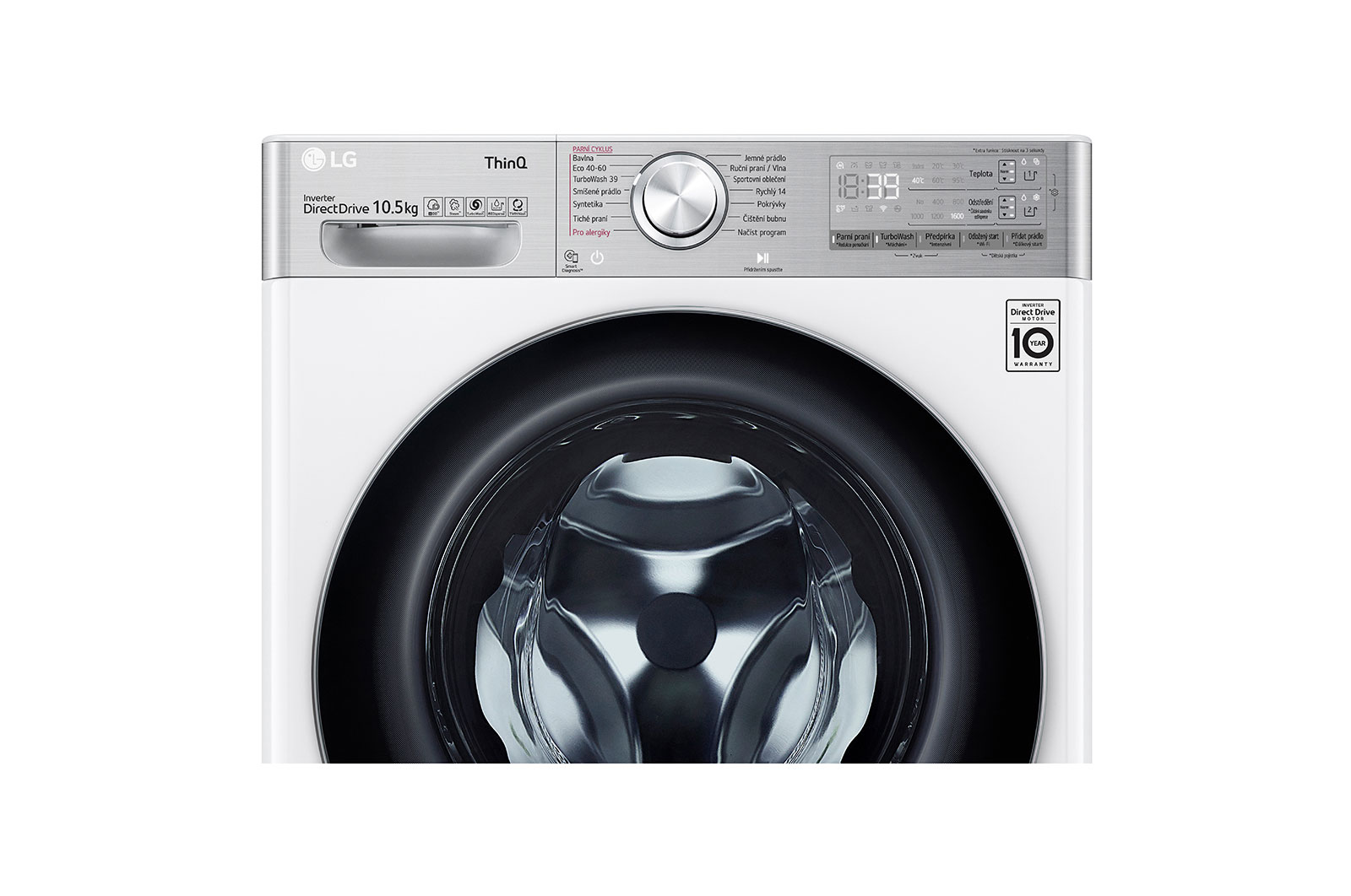 LG 10,5 kg parní pračka, Direct Drive™ motor, neomezené množství pracích pohybů, parní praní Steam+™, TurboWash™360°, ThinQ+WiFi, F610V10RABW