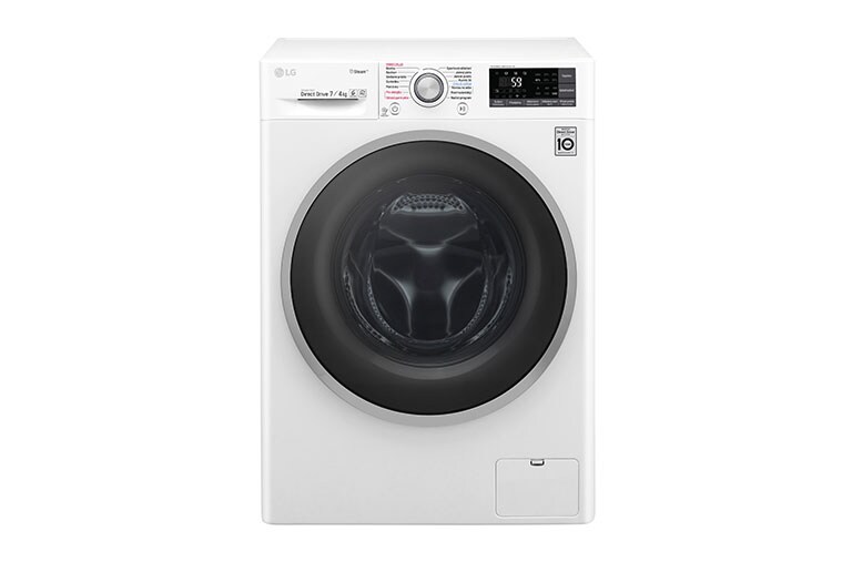 Čelní pohled na 7 kg pračka / 4 kg sušička, 1200 ot./min, B (v rozsahu A až G), 6 Motion DD, Direct Drive™, Steam™ - parní praní, ThinQ™, Přidat prádlo, 14 programů, 7 možností sušení F72J7HG1W