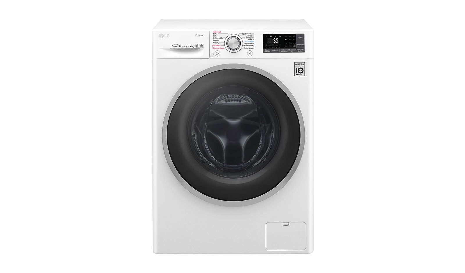 Čelní pohled na 7 kg pračka / 4 kg sušička, 1200 ot./min, B (v rozsahu A až G), 6 Motion DD, Direct Drive™, Steam™ - parní praní, ThinQ™, Přidat prádlo, 14 programů, 7 možností sušení F72J7HG1W