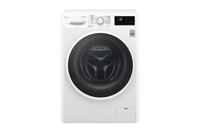 Čelní pohled na 8 kg pračka / 5 kg sušička, 1400 ot./min, A (v rozsahu A až G), 6 Motion DD, Direct Drive™, Steam™ - parní praní, ThinQ™, Přidat prádlo, 14 programů, 9 možností sušení F84J6TG0W