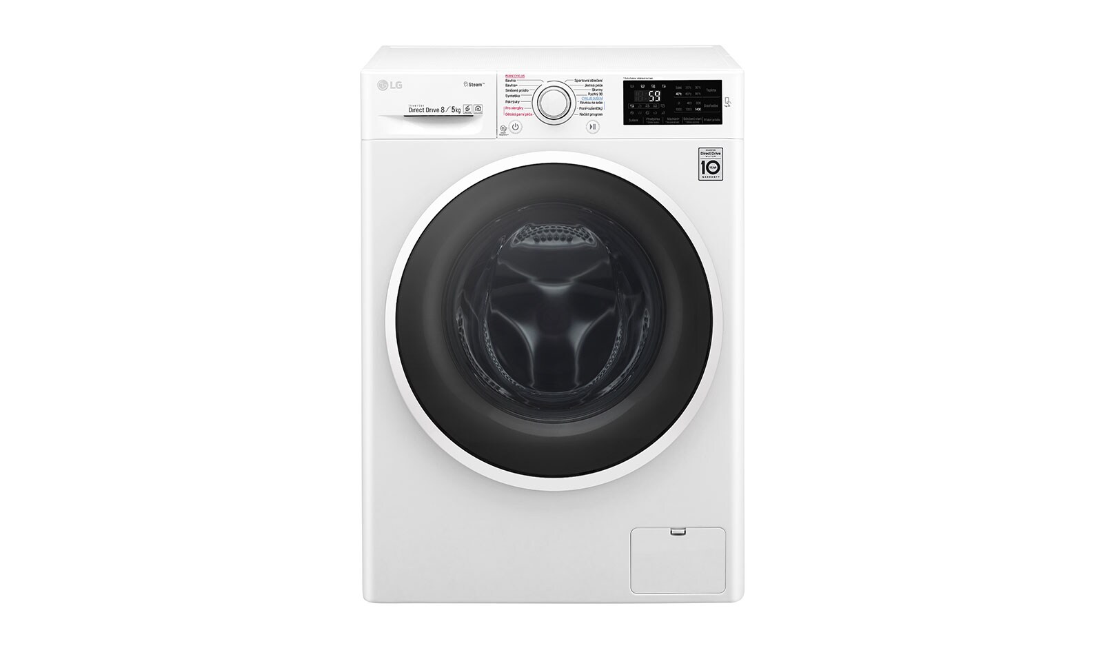 Čelní pohled na 8 kg pračka / 5 kg sušička, 1400 ot./min, A (v rozsahu A až G), 6 Motion DD, Direct Drive™, Steam™ - parní praní, ThinQ™, Přidat prádlo, 14 programů, 9 možností sušení F84J6TG0W