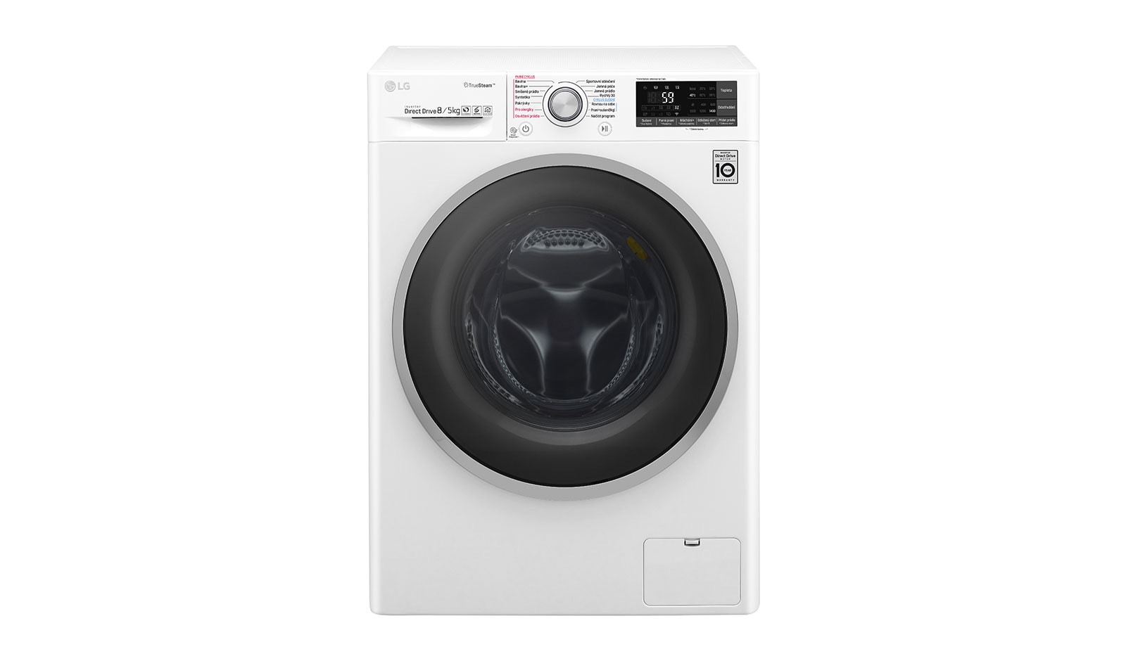 Čelní pohled na 8 kg pračka / 5 kg sušička, 1400 ot./min, 6 Motion DD, Direct Drive™, TrueSteam™ - parní praní, ThinQ™, Přidat prádlo, 14 programů, 8 možností sušení F84J7TH1W